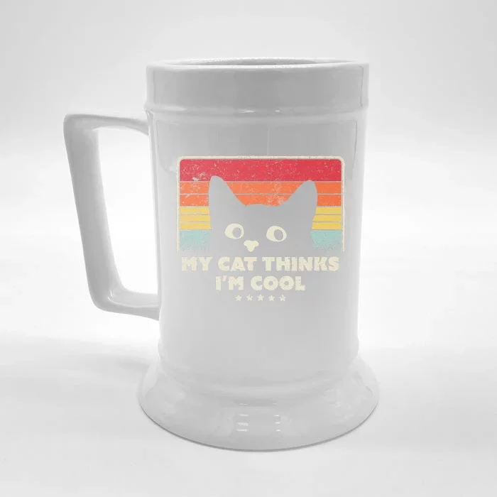 Funny Cat Design. My Cat Thinks Im Cool Retro Style Front & Back Beer Stein