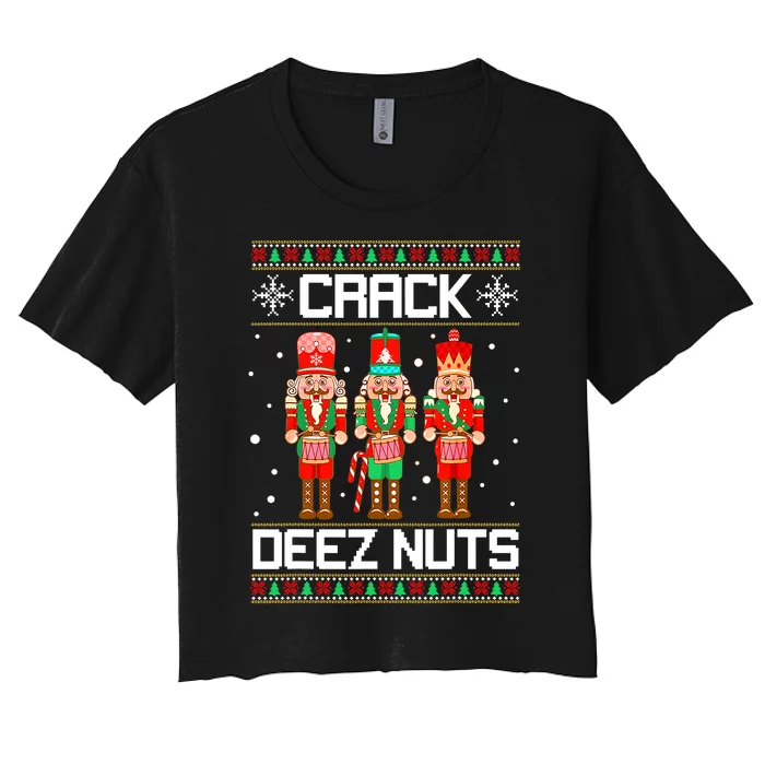 Funny Crack Deez Nuts Ugly Christmas Sweater Xmas Nutcracker Women's Crop Top Tee