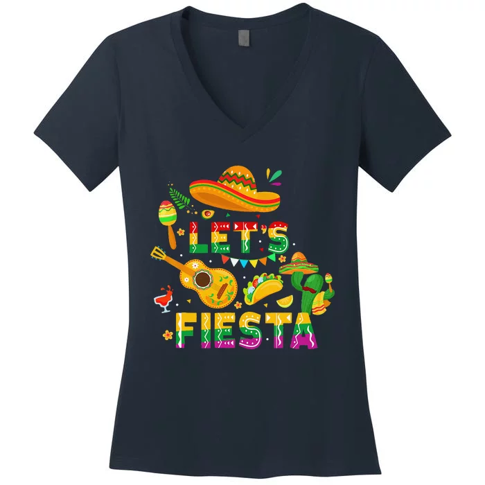 Funny Cinco De Mayo Mexican Guitar Cactus Lets Fiesta Women's V-Neck T-Shirt