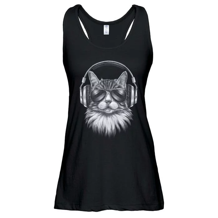 Funny Cat Dj Black Art Festival Concert Music Band Ladies Essential Flowy Tank