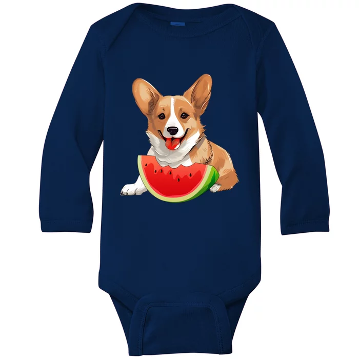 Funny Corgi Dog With Watermelon Slice Summer Vacation Meaningful Gift Baby Long Sleeve Bodysuit