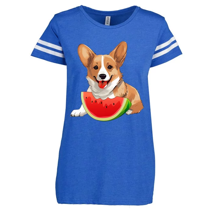 Funny Corgi Dog With Watermelon Slice Summer Vacation Meaningful Gift Enza Ladies Jersey Football T-Shirt