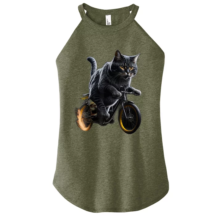 Funny Cat Drives Bicycle Cat Lover Graphic Cats Kitten Lover Women’s Perfect Tri Rocker Tank