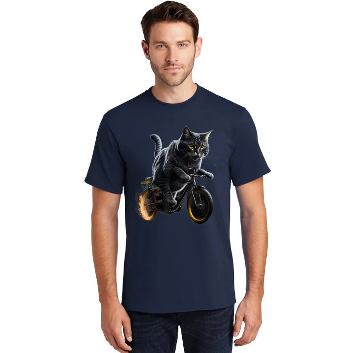 Funny Cat Drives Bicycle Cat Lover Graphic Cats Kitten Lover Tall T-Shirt