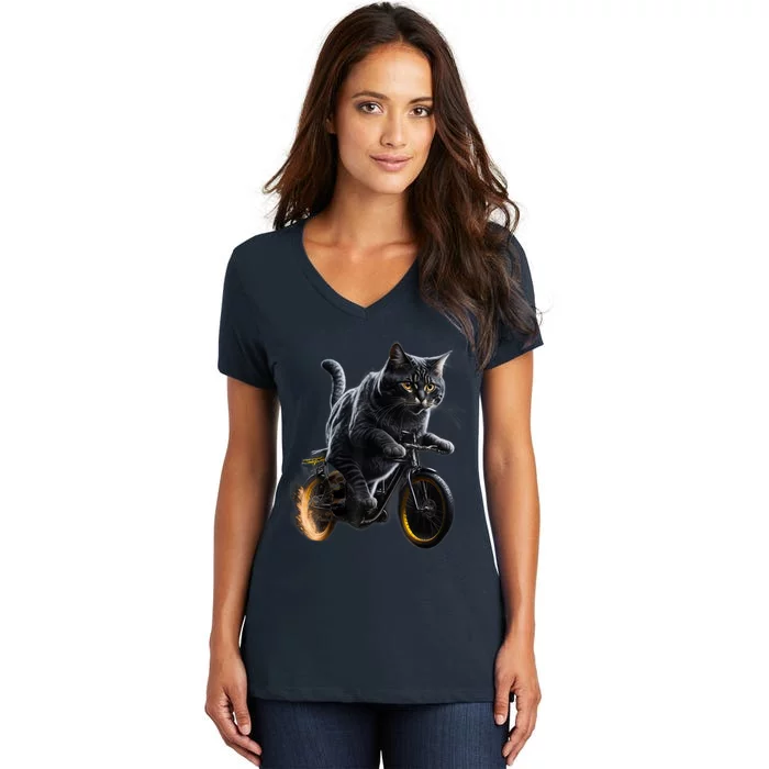 Funny Cat Drives Bicycle Cat Lover Graphic Cats Kitten Lover Women's V-Neck T-Shirt