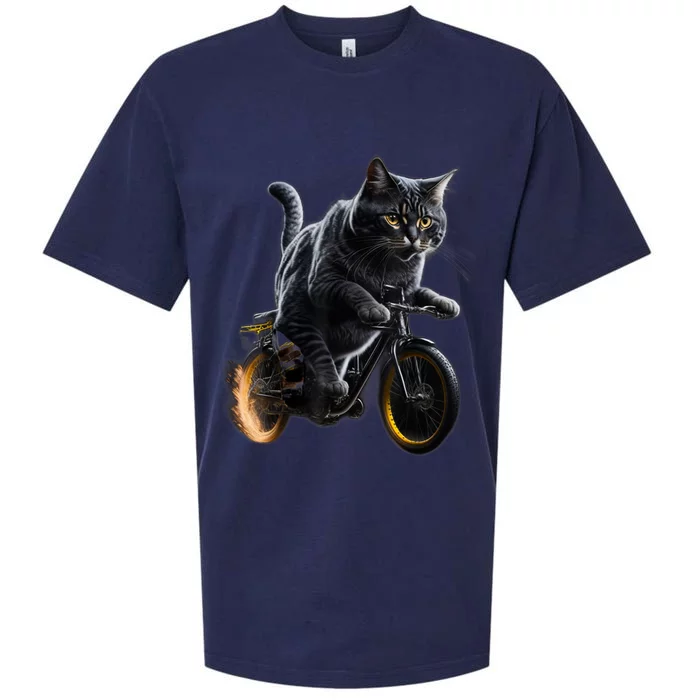 Funny Cat Drives Bicycle Cat Lover Graphic Cats Kitten Lover Sueded Cloud Jersey T-Shirt