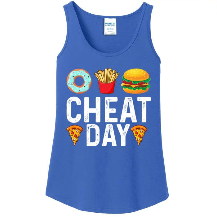 Funny Cheat Day Outfit Donuts Fries Pizza And Hamburger Gift Ladies Essential Tank