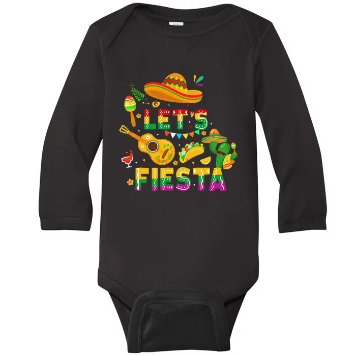 Funny Cinco De Mayo Gift Mexican Guitar Cactus LetS Fiesta Baby Long Sleeve Bodysuit