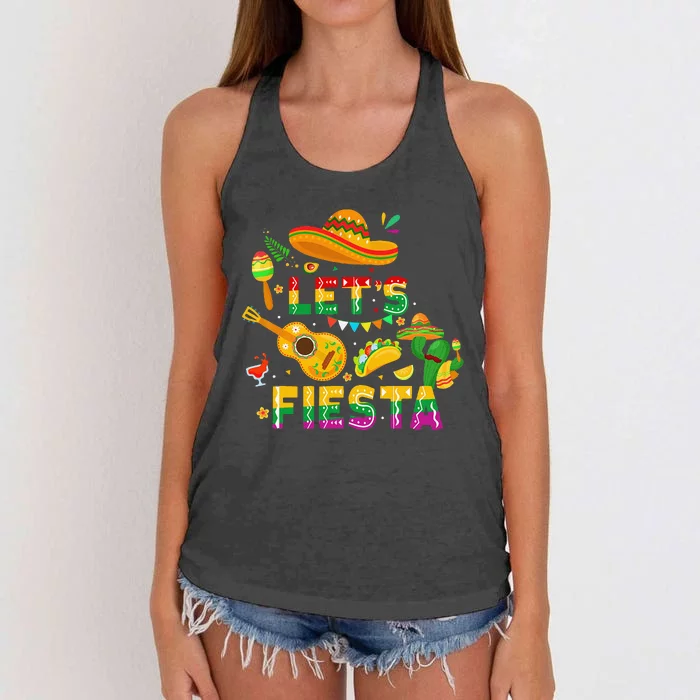 Funny Cinco De Mayo Gift Mexican Guitar Cactus LetS Fiesta Women's Knotted Racerback Tank