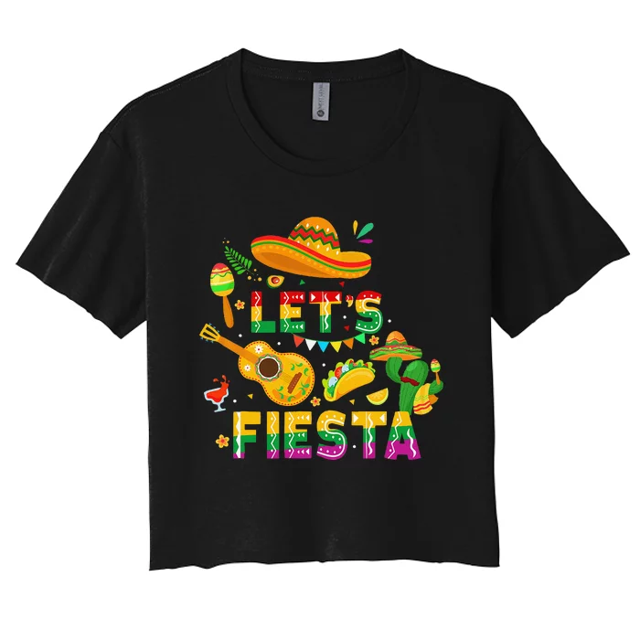 Funny Cinco De Mayo Gift Mexican Guitar Cactus LetS Fiesta Women's Crop Top Tee