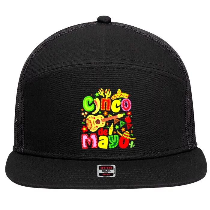 Funny Cinco De Mayo Mexican Guitar Cactus Lets Fiesta 7 Panel Mesh Trucker Snapback Hat