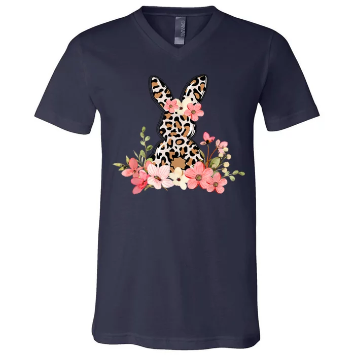 Floral Cheetah Easter Bunny V-Neck T-Shirt