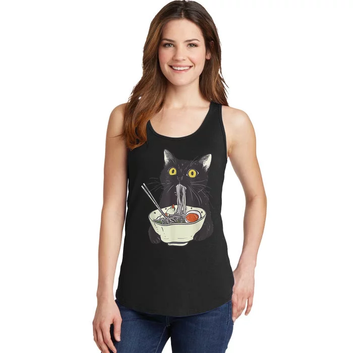 Funny Cat Eating Ramen Vintage Japanese Noodles Ladies Essential Tank