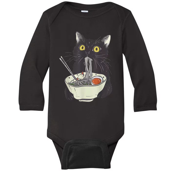 Funny Cat Eating Ramen Vintage Japanese Noodles Baby Long Sleeve Bodysuit