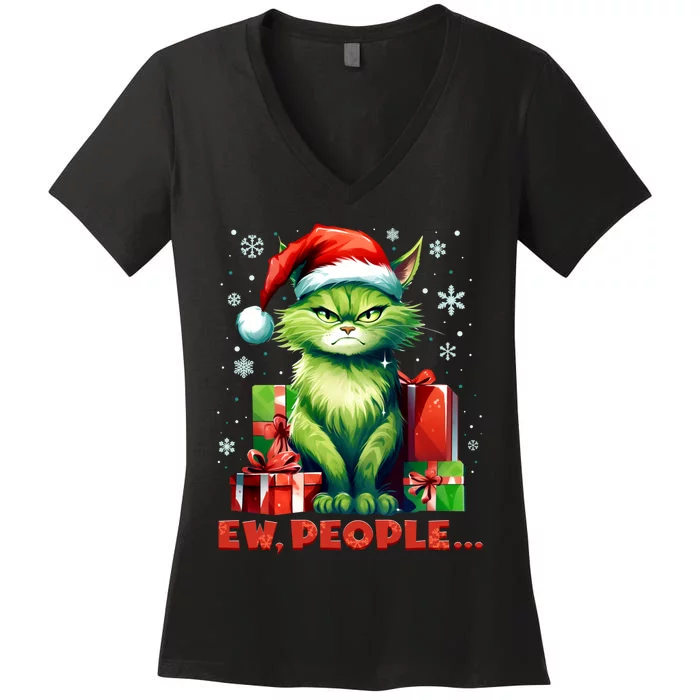 Funny Cat Ew People Christmas Xmas Santa Gift Women's V-Neck T-Shirt