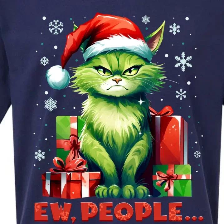 Funny Cat Ew People Christmas Xmas Santa Gift Sueded Cloud Jersey T-Shirt