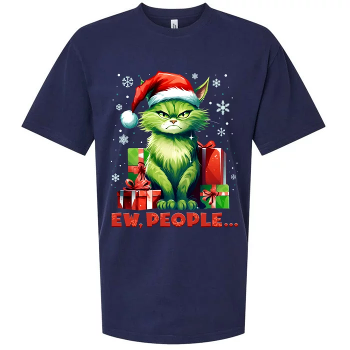 Funny Cat Ew People Christmas Xmas Santa Gift Sueded Cloud Jersey T-Shirt