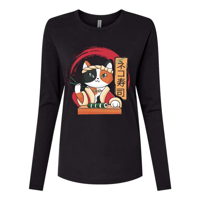 Funny Cat Eating Sushi Japanese Food Japan Sushi Lover Cute Gift Womens Cotton Relaxed Long Sleeve T-Shirt