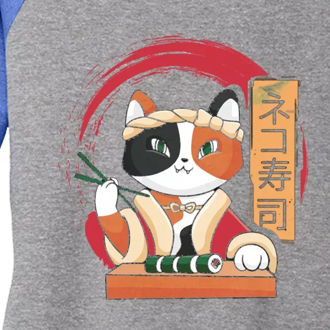 Funny Cat Eating Sushi Japanese Food Japan Sushi Lover Cute Gift Women's Tri-Blend 3/4-Sleeve Raglan Shirt