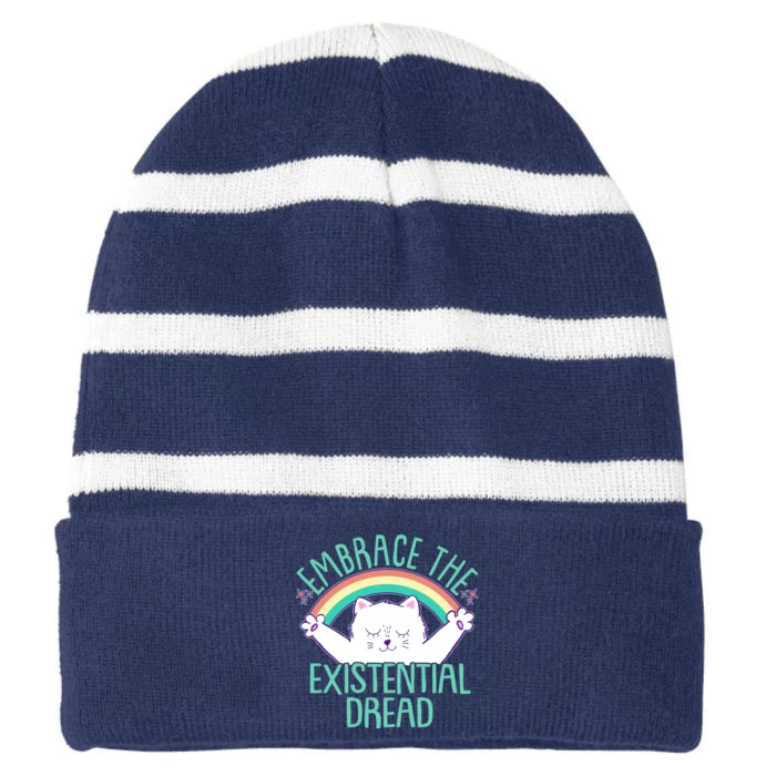 Funny Cat Embrace The Existential Dread Striped Beanie with Solid Band