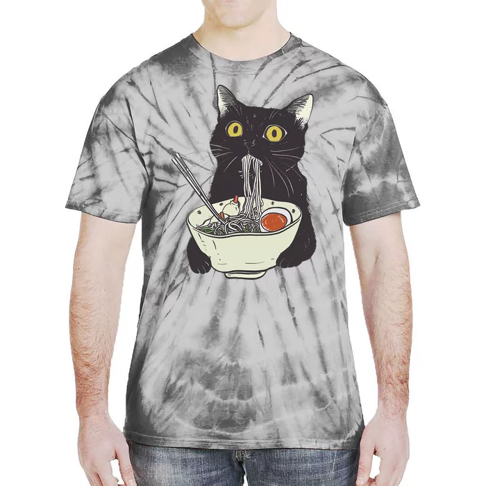 Funny Cat Eating Ramen Vintage Japanese Noodles Tie-Dye T-Shirt