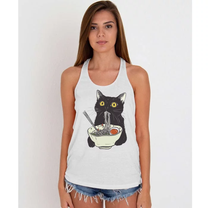 Funny Cat Eating Ramen Vintage Japanese Noodles Women's Knotted Racerback Tank