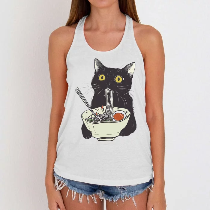 Funny Cat Eating Ramen Vintage Japanese Noodles Women's Knotted Racerback Tank