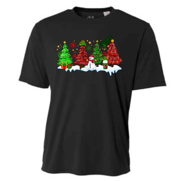 Funny Christmas Elf In Tree With Snowman Scene Cooling Performance Crew T-Shirt