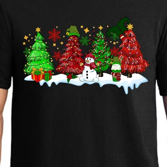 Funny Christmas Elf In Tree With Snowman Scene Pajama Set