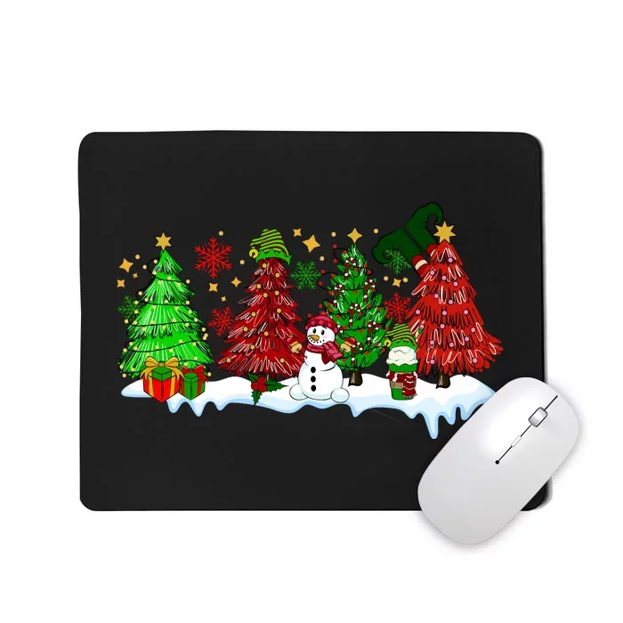 Funny Christmas Elf In Tree With Snowman Scene Mousepad