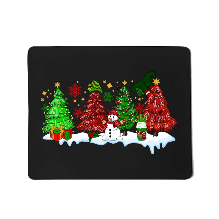 Funny Christmas Elf In Tree With Snowman Scene Mousepad