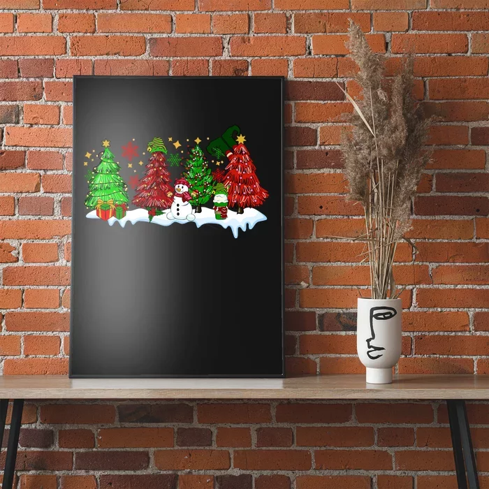 Funny Christmas Elf In Tree With Snowman Scene Poster