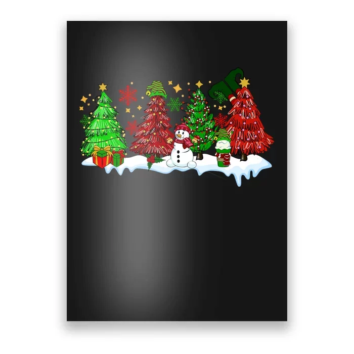 Funny Christmas Elf In Tree With Snowman Scene Poster