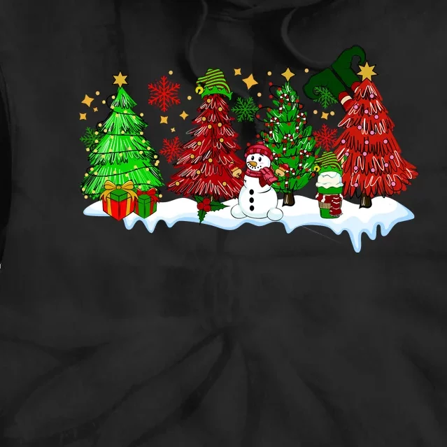 Funny Christmas Elf In Tree With Snowman Scene Tie Dye Hoodie