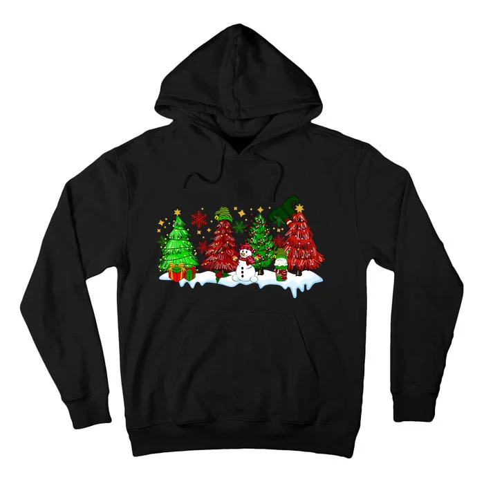 Funny Christmas Elf In Tree With Snowman Scene Tall Hoodie