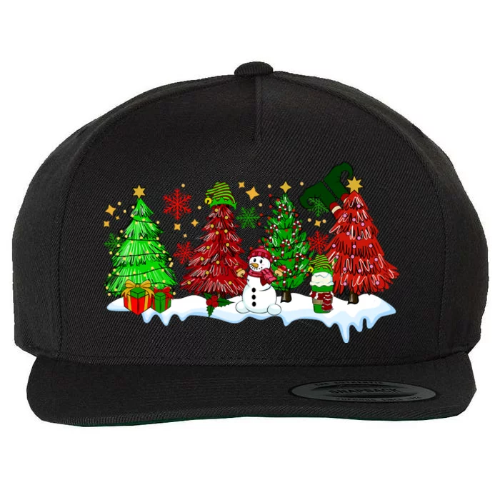 Funny Christmas Elf In Tree With Snowman Scene Wool Snapback Cap