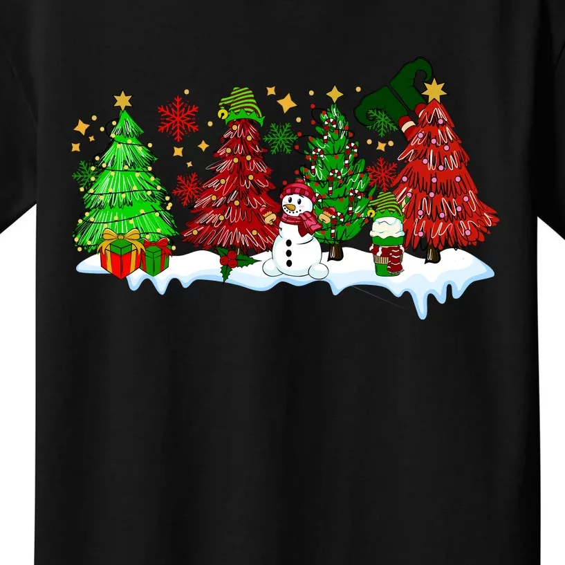 Funny Christmas Elf In Tree With Snowman Scene Kids T-Shirt