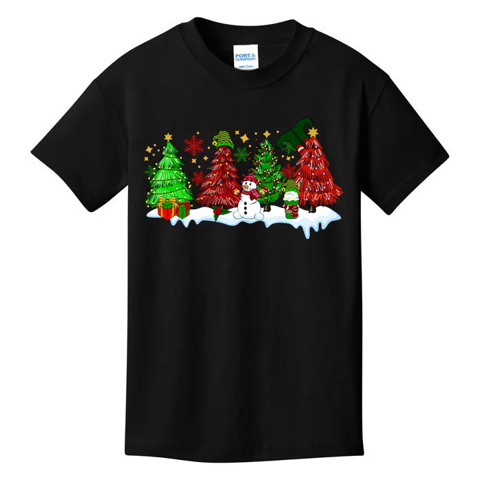 Funny Christmas Elf In Tree With Snowman Scene Kids T-Shirt