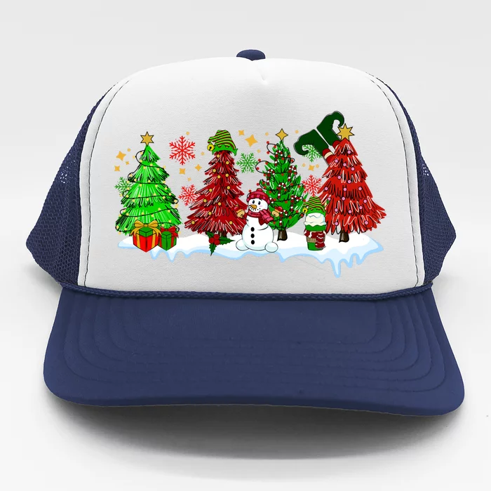 Funny Christmas Elf In Tree With Snowman Scene Trucker Hat