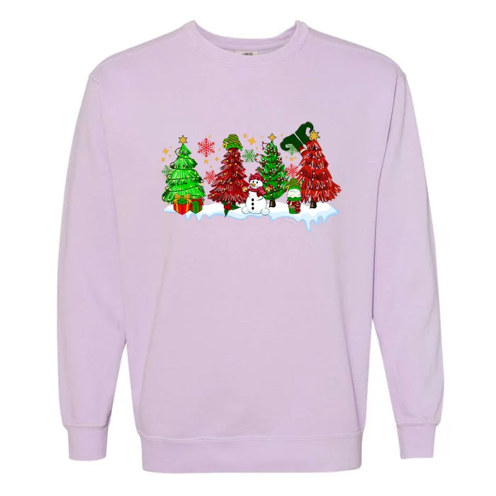 Funny Christmas Elf In Tree With Snowman Scene Garment-Dyed Sweatshirt