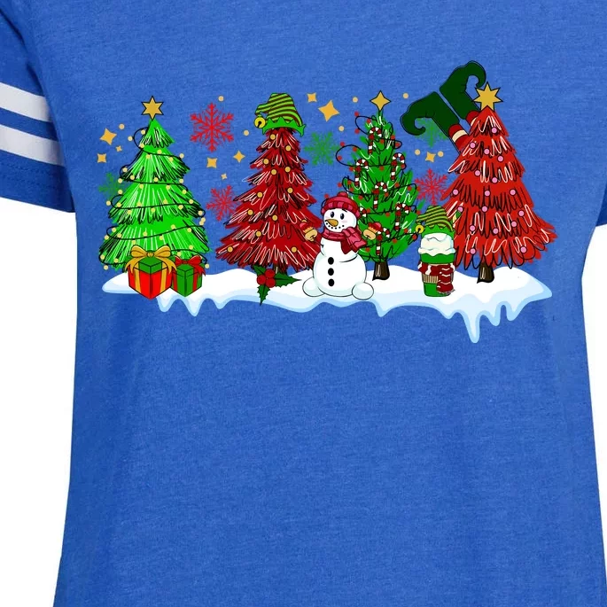 Funny Christmas Elf In Tree With Snowman Scene Enza Ladies Jersey Football T-Shirt