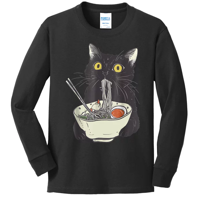 Funny Cat Eating Ramen Vintage Japanese Noodles Kids Long Sleeve Shirt