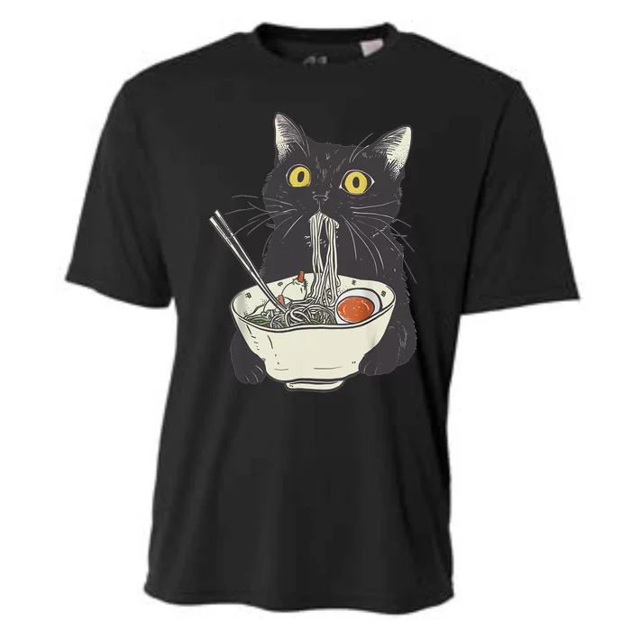 Funny Cat Eating Ramen Vintage Japanese Noodles Cooling Performance Crew T-Shirt