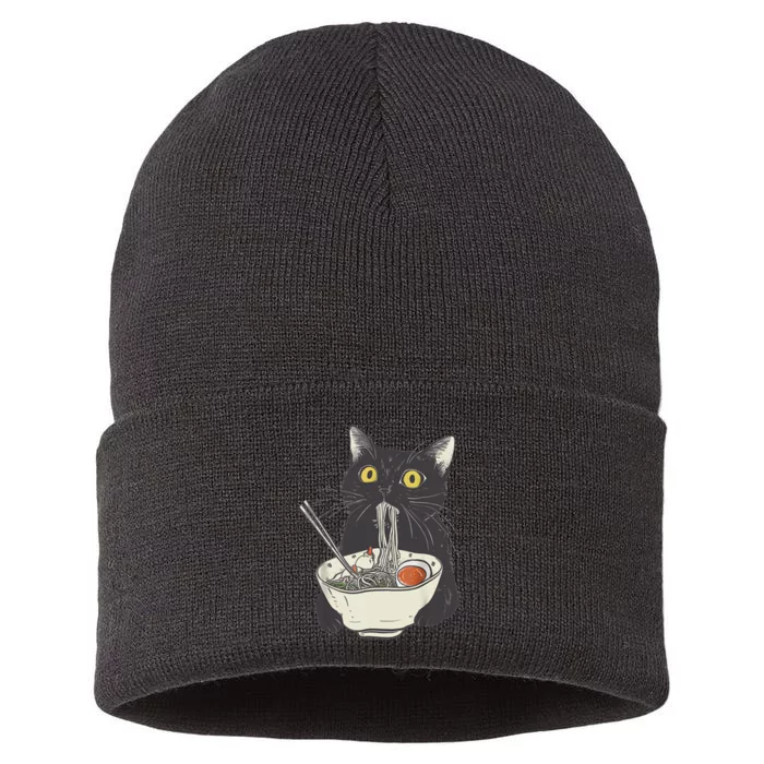 Funny Cat Eating Ramen Vintage Japanese Noodles Sustainable Knit Beanie