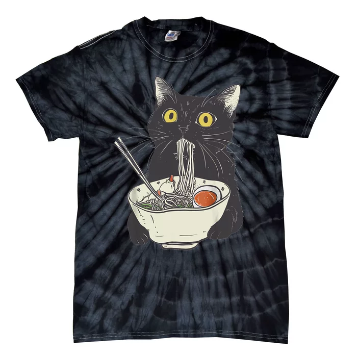 Funny Cat Eating Ramen Vintage Japanese Noodles Tie-Dye T-Shirt