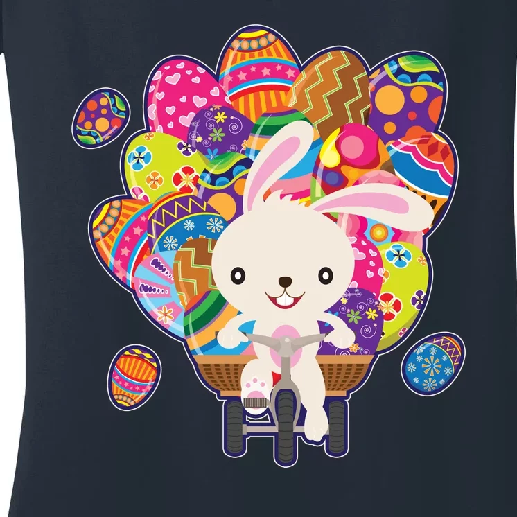 Funny Cute Easter Bunny On Bike Delivering Easter Eggs Women's V-Neck T-Shirt