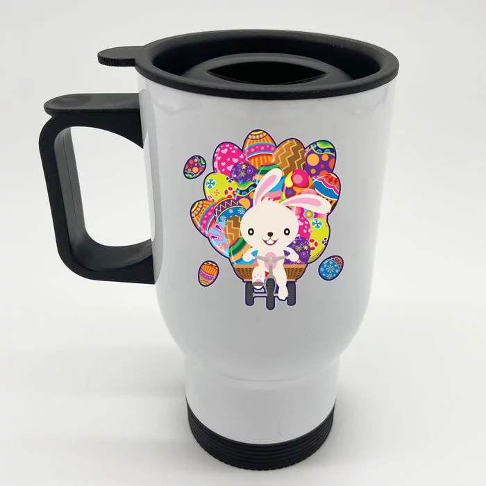 Funny Cute Easter Bunny On Bike Delivering Easter Eggs Front & Back Stainless Steel Travel Mug