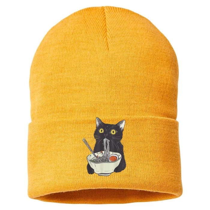 Funny Cat Eating Ramen Vintage Japanese Noodles Sustainable Knit Beanie