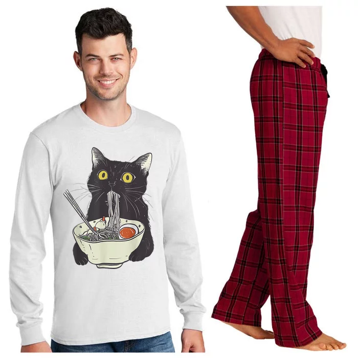 Funny Cat Eating Ramen Vintage Japanese Noodles Long Sleeve Pajama Set