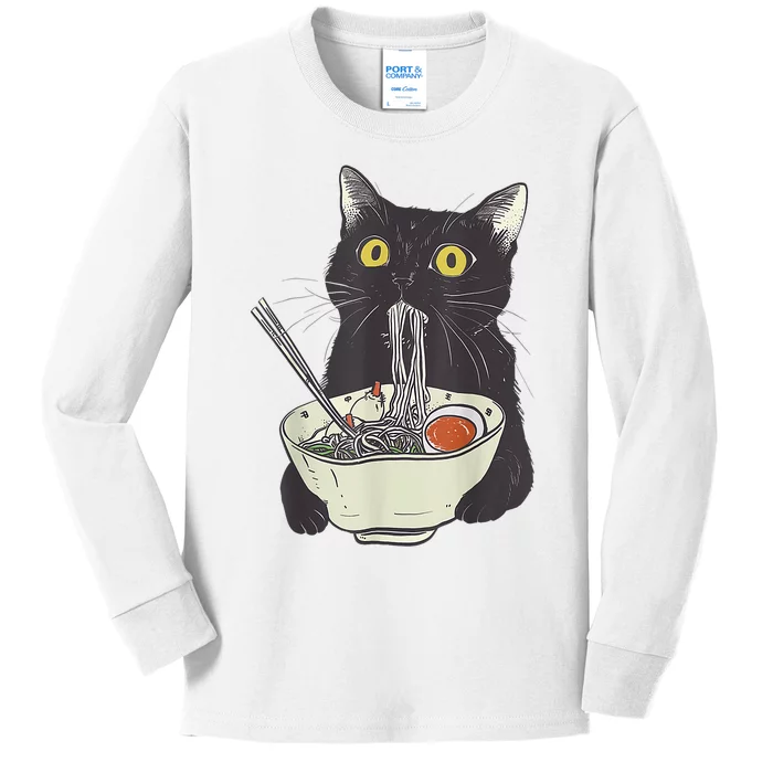 Funny Cat Eating Ramen Vintage Japanese Noodles Kids Long Sleeve Shirt